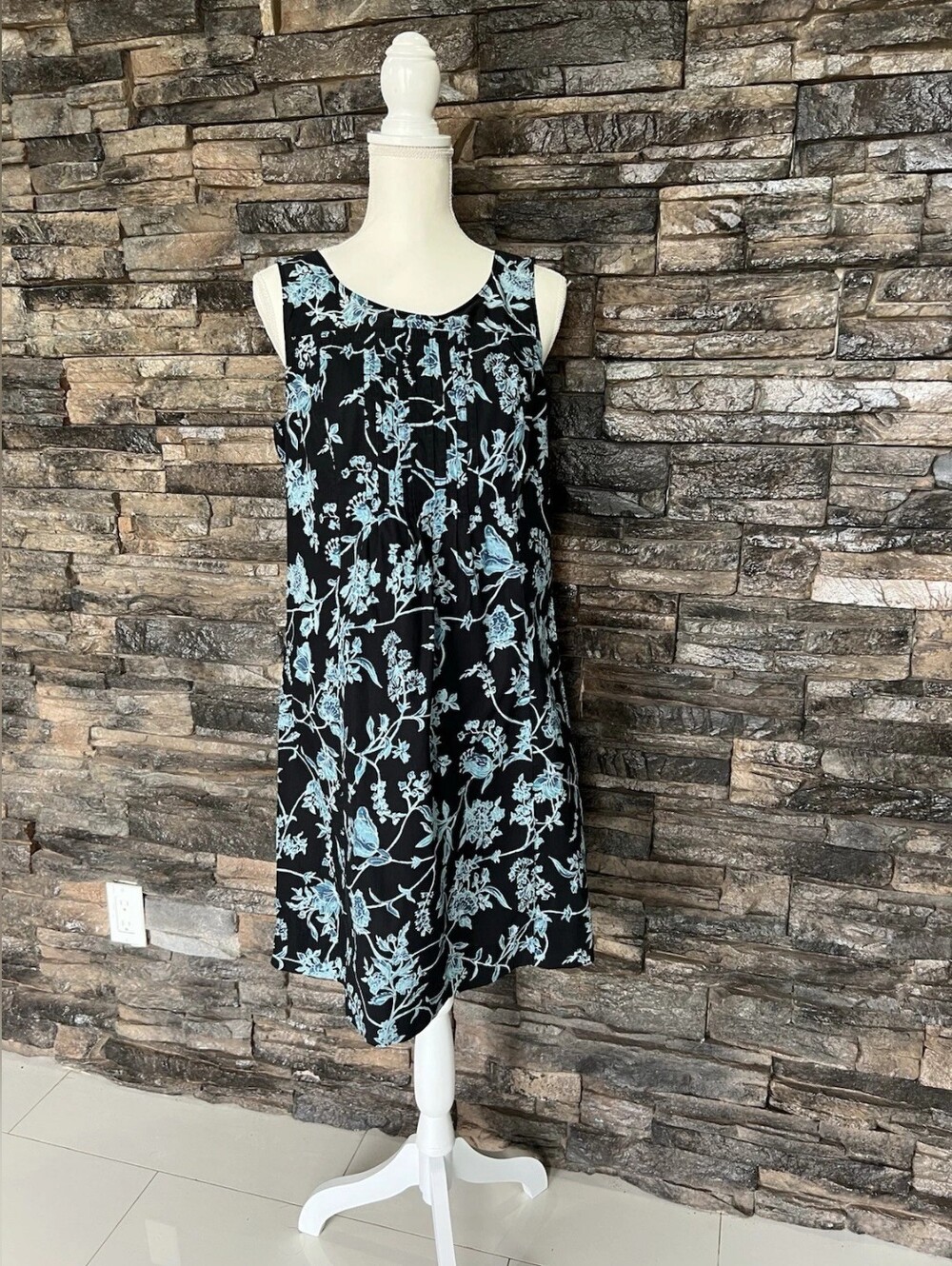 Sleeveless Black Dress with Light Blue Floral Print